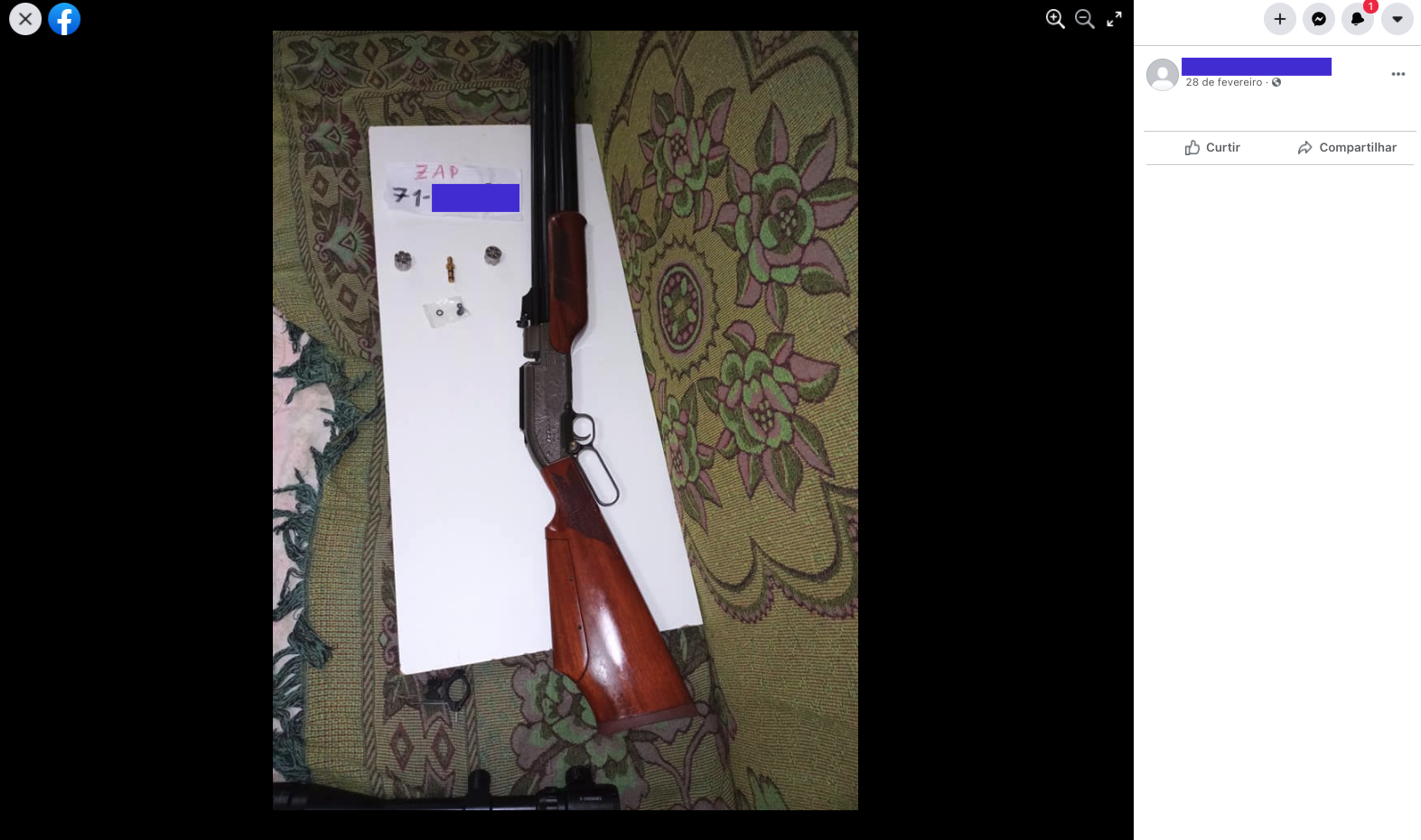 Exemplo de anúncio de arma à venda em fevereiro de 2021. Sem texto no post, o contato fica na própria imagem, o que torna mais difícil a identificação automática