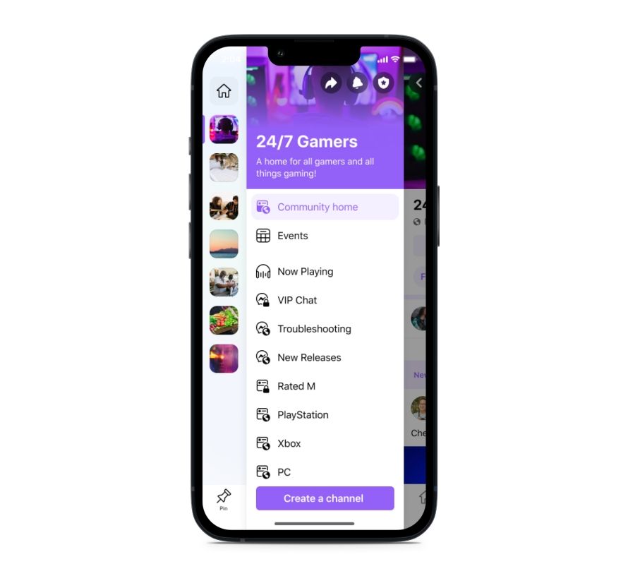 Print no celular de um grupo de games do Facebook, no novo formato, mostrando vários canais.