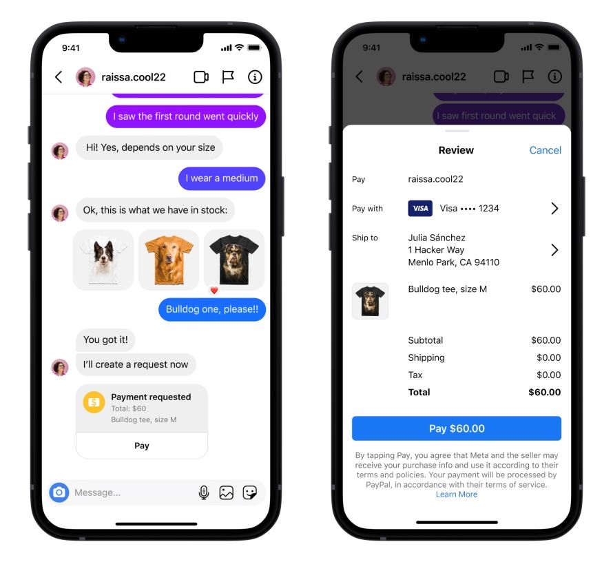Dois prints do Instagram para iOS, mostrando a compra de uma camiseta com tema de cachorros via mensagens diretas (DMs).