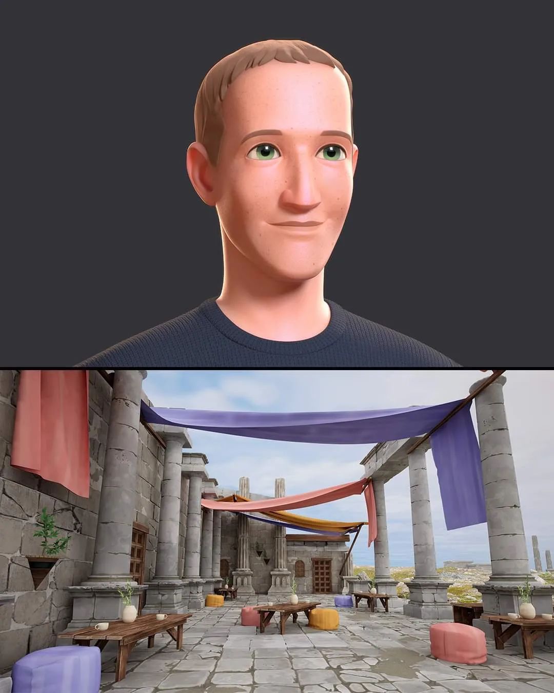 Duas imagens: em cima, avatar de Mark Zuckerberg com gráficos melhores. Embaixo, ambiente medieval, com pilastras e chão de pedra, enfeites de panos coloridos acima e algumas mesas de madeira com bancos e vasos de flores.