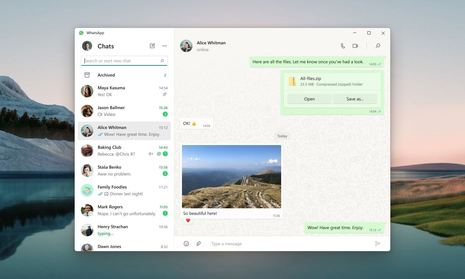 Print de uma janela do WhatsApp para Windows, com uma conversa aberta e a lista de conversas à esquerda.