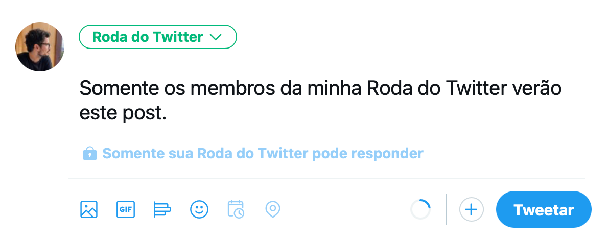 Print do formulário de postagem do Twitter, com a audiência “Roda do Twitter” selecionada.