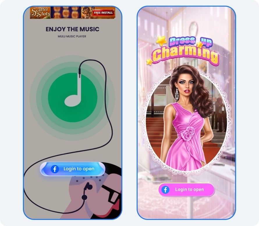 Dois prints de aplicativos, um de música, outro de um jogo de vestir roupinhas de boneca, exigindo login no Facebook para serem abertos.