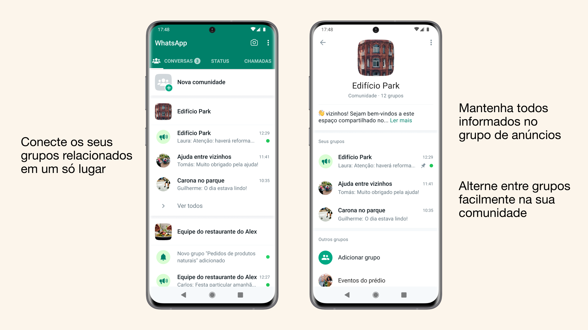 Dois prints do WhatsApp, mostrando uma comunidade, com alguns textos nas laterais explicando detalhes do recurso.