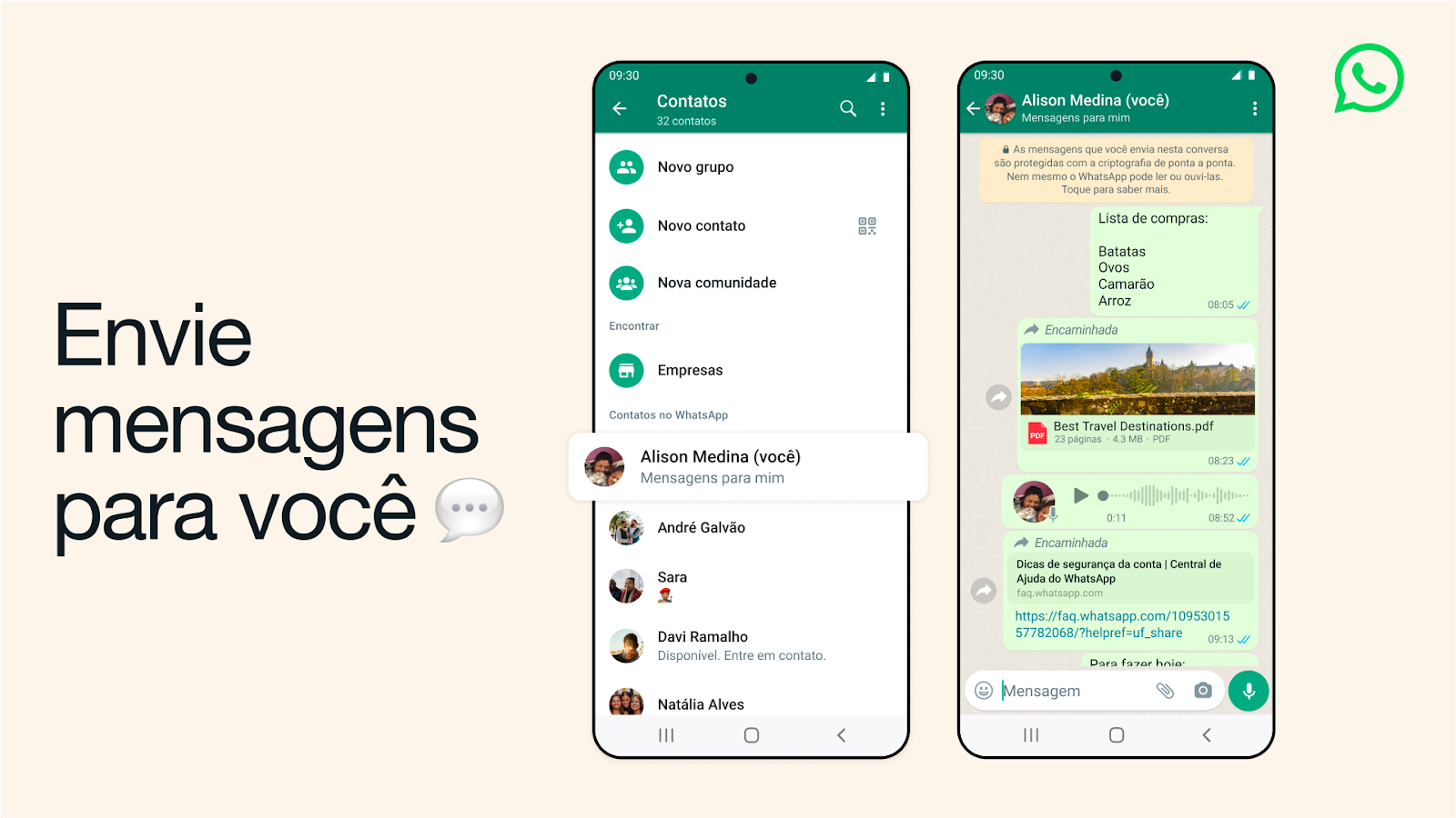 Dois prints do WhatsApp, mostrando a conversa “Mensagens para mim” na lista de contatos e a conversa aberta. À esquerda, o título “Envie mensagens para você”.