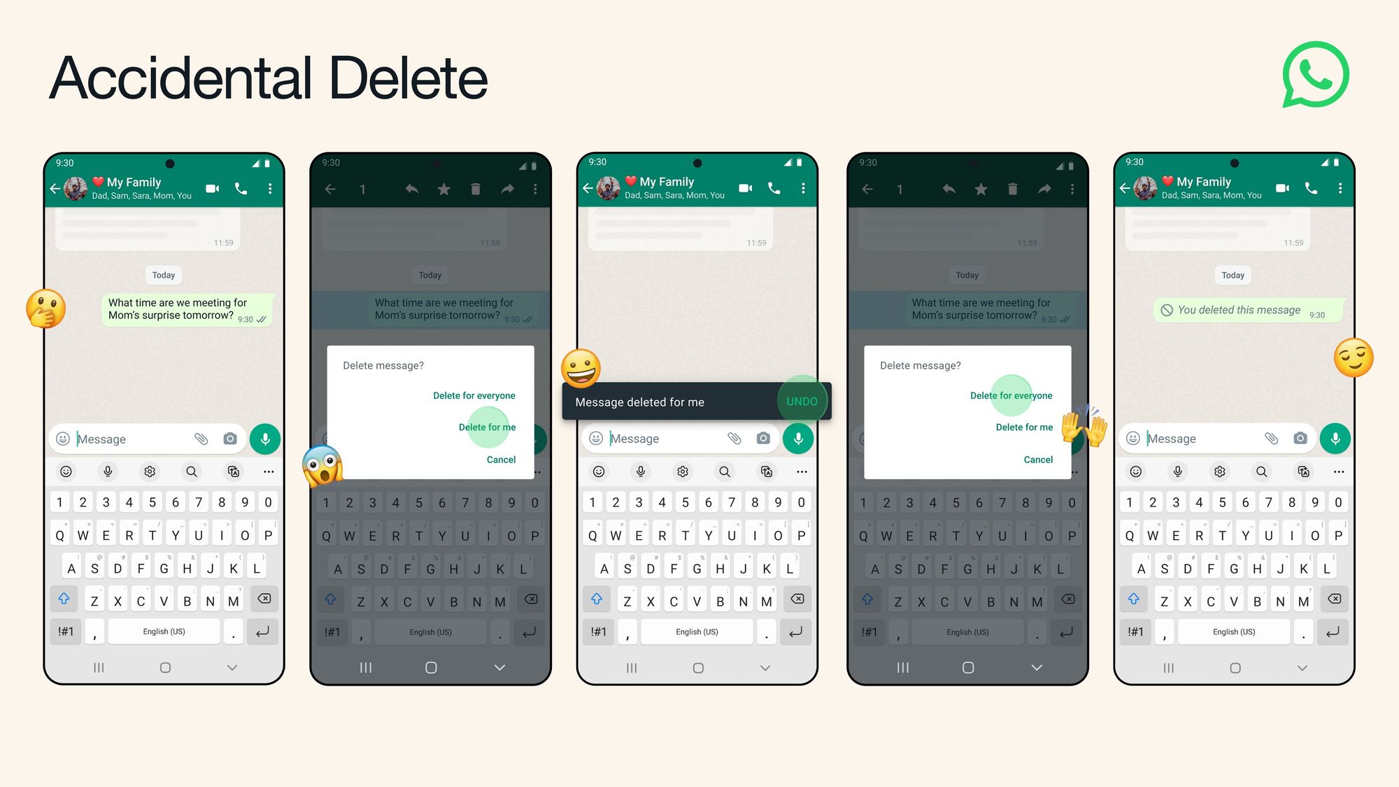 Cinco telas mostrando o fluxo de desfazer exclusão de mensagem somente para você mesmo no WhatsApp para Android.