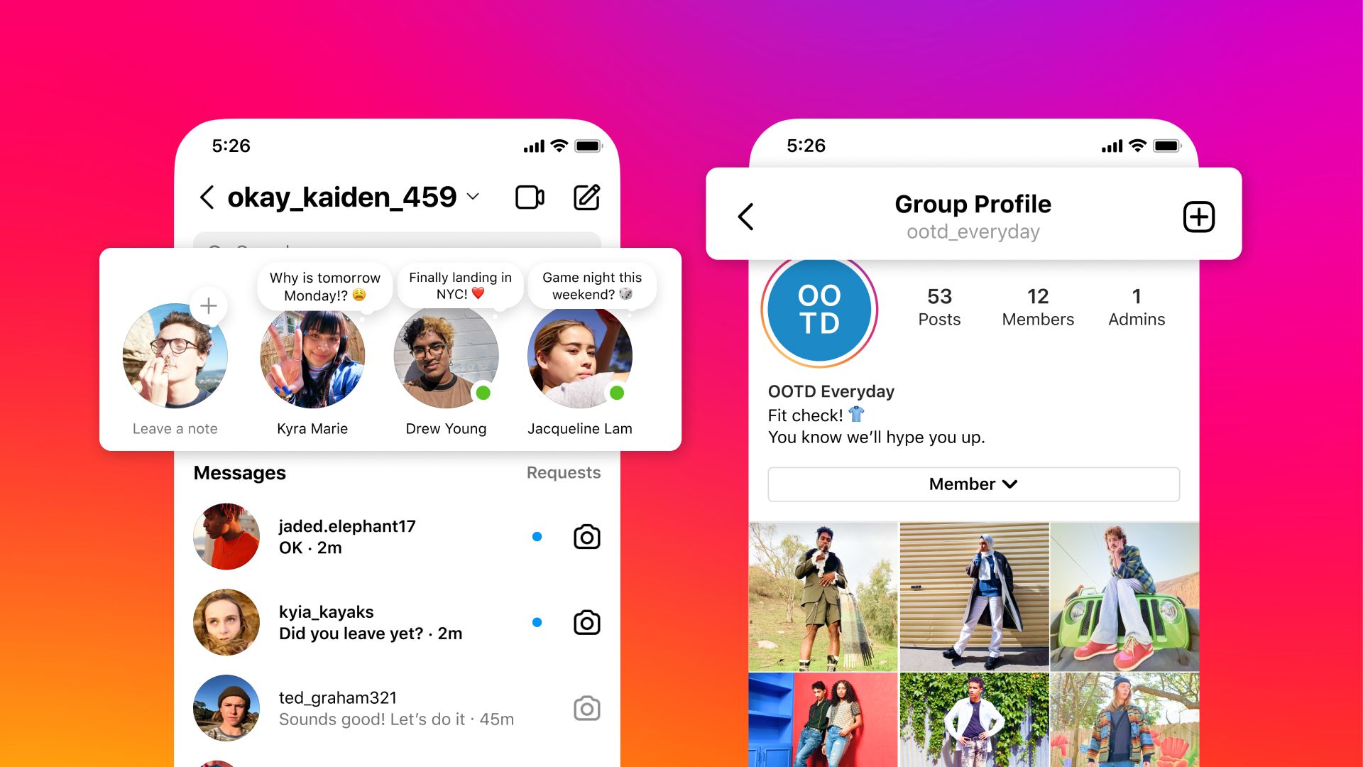 Dois prints do Instagram mostrando os novos recursos — Notas e perfis de grupos.