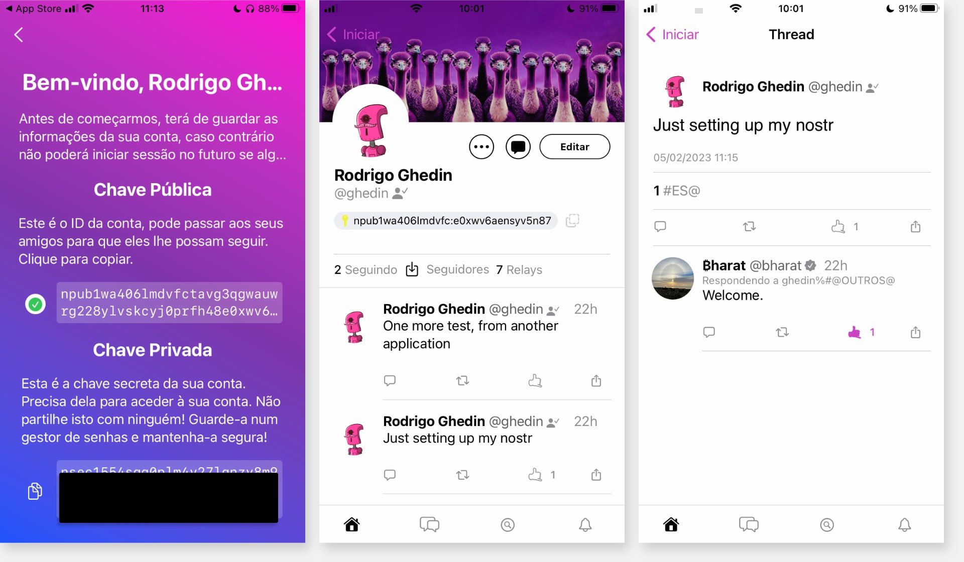 Três prints do Damus para iOS, mostrando a criação e um perfil no Nostr.