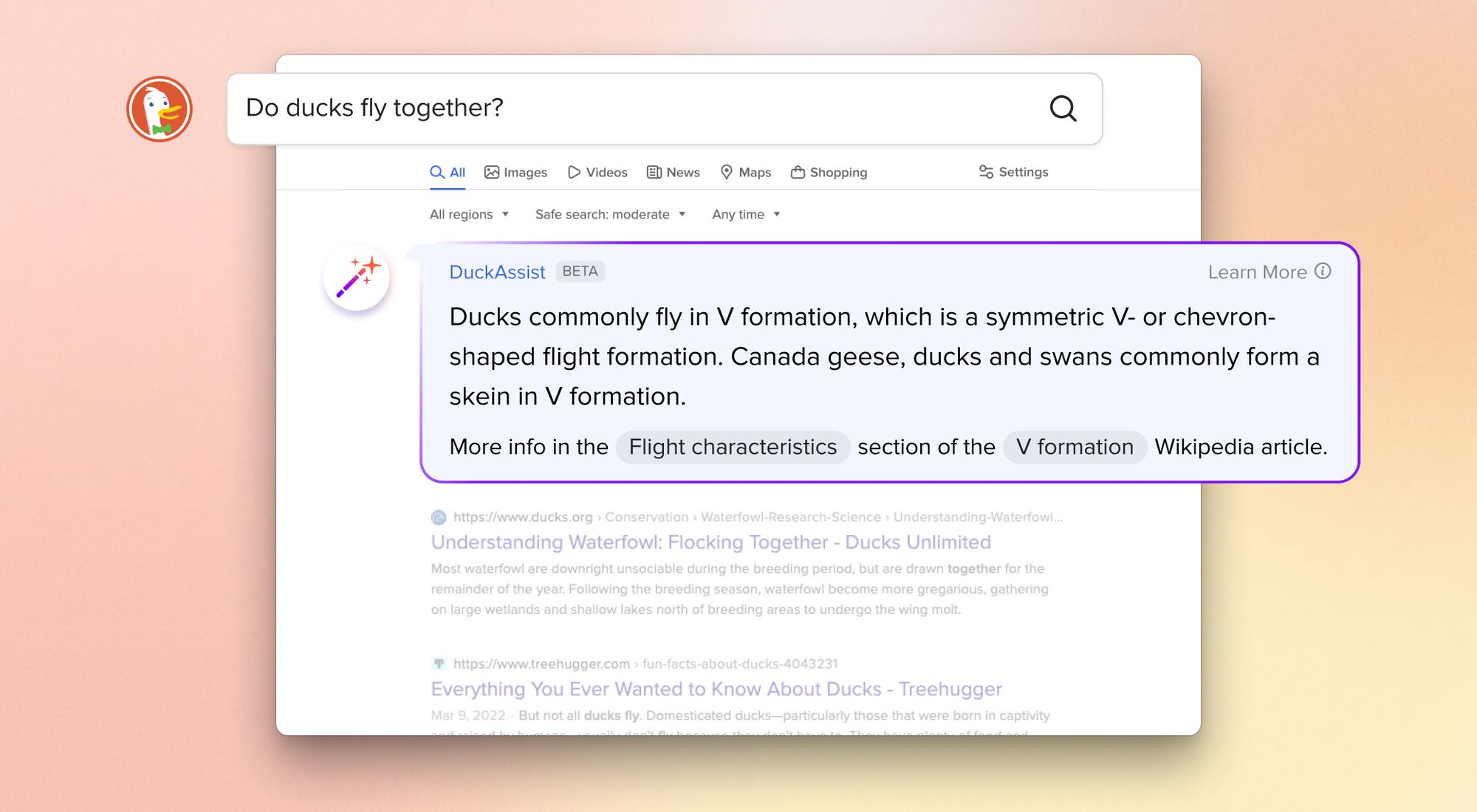 Print de uma pesquisa no DuckDuckGo, destacando a resposta do DuckAssist.