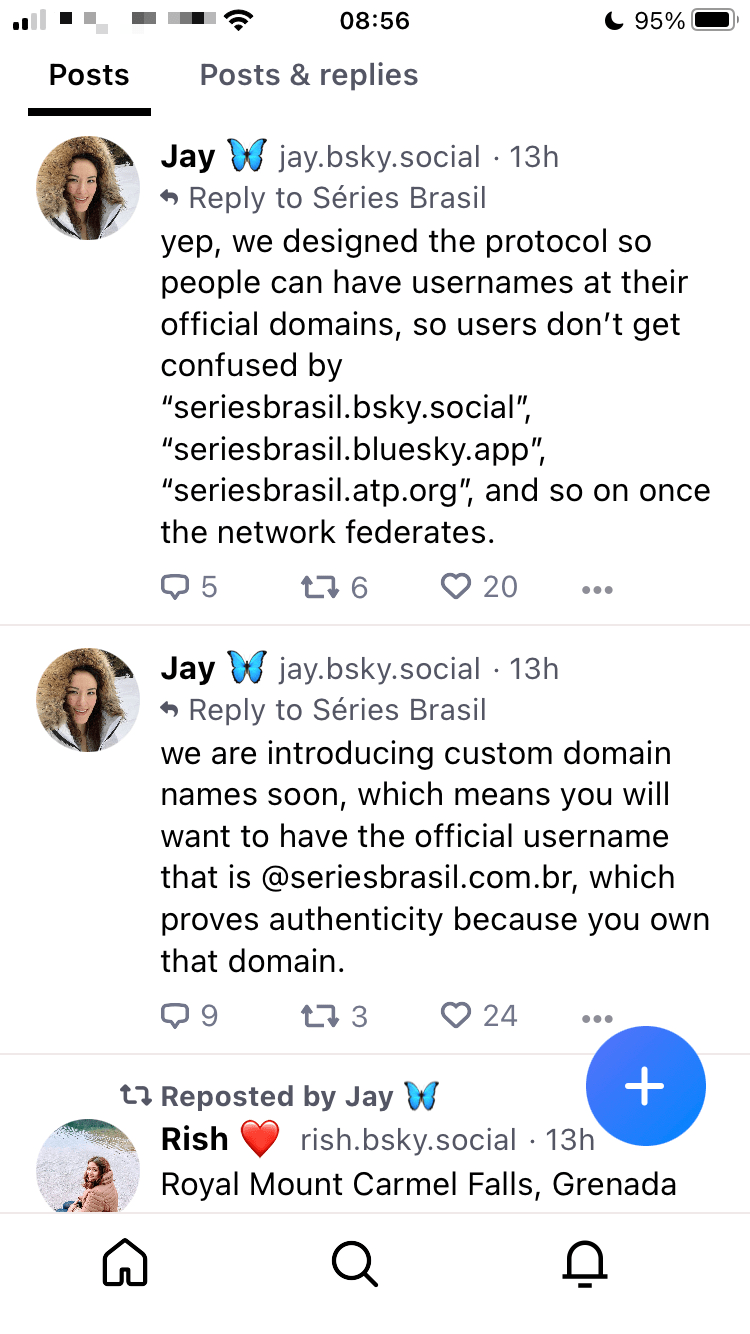 Jay Graber, CEO do Bluesky, explica o funcionamento de domínios no protocolo/rede social.