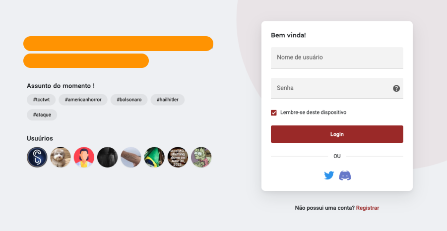 Print de página inicial da rede social, mostrando "assuntos do momento". O Núcleo ocultou o nome e outras formas de identificação da página para que não seja encontrada em busca do Google.