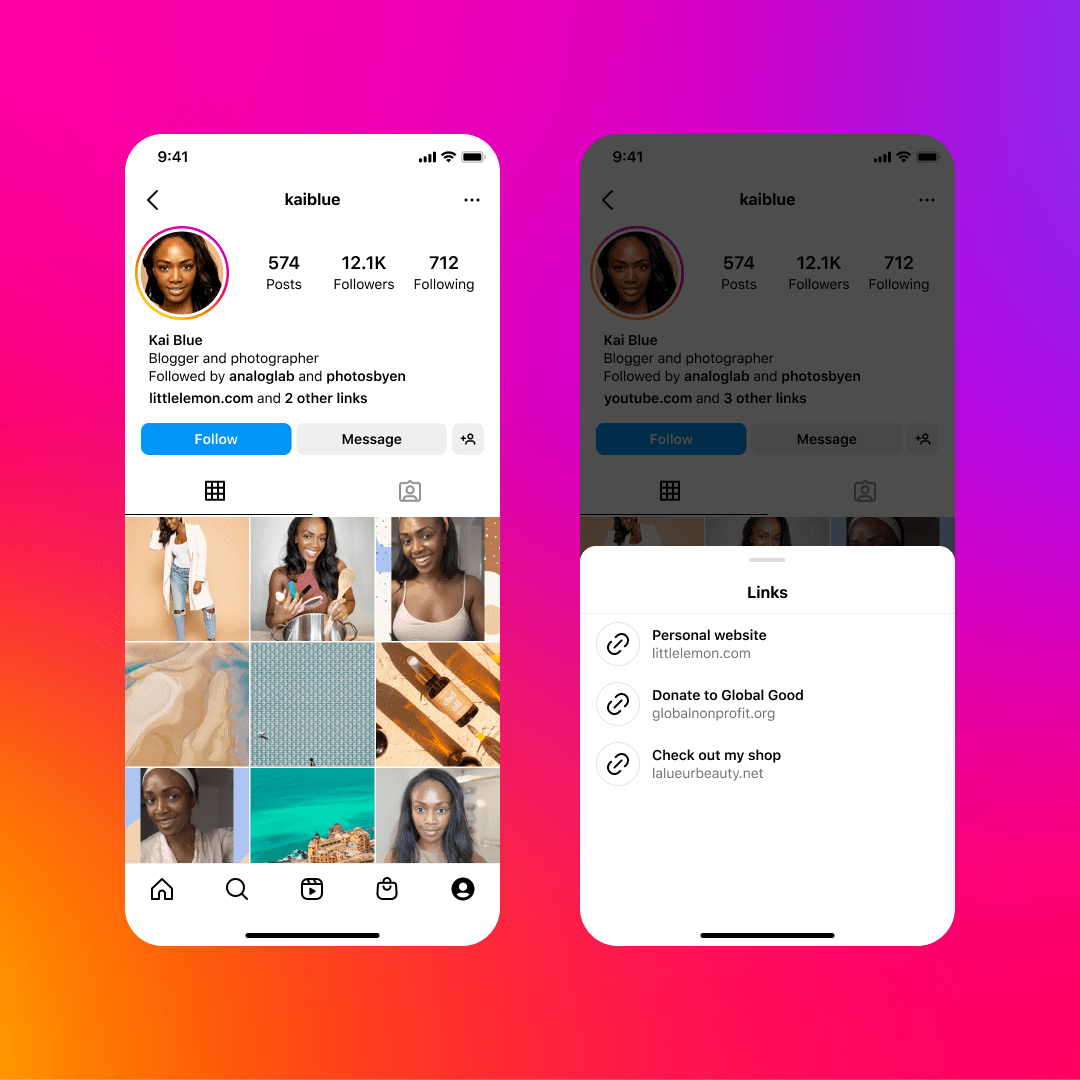 Dois prints de um perfil do Instagram, mostrando o comportamento de múltiplos links.