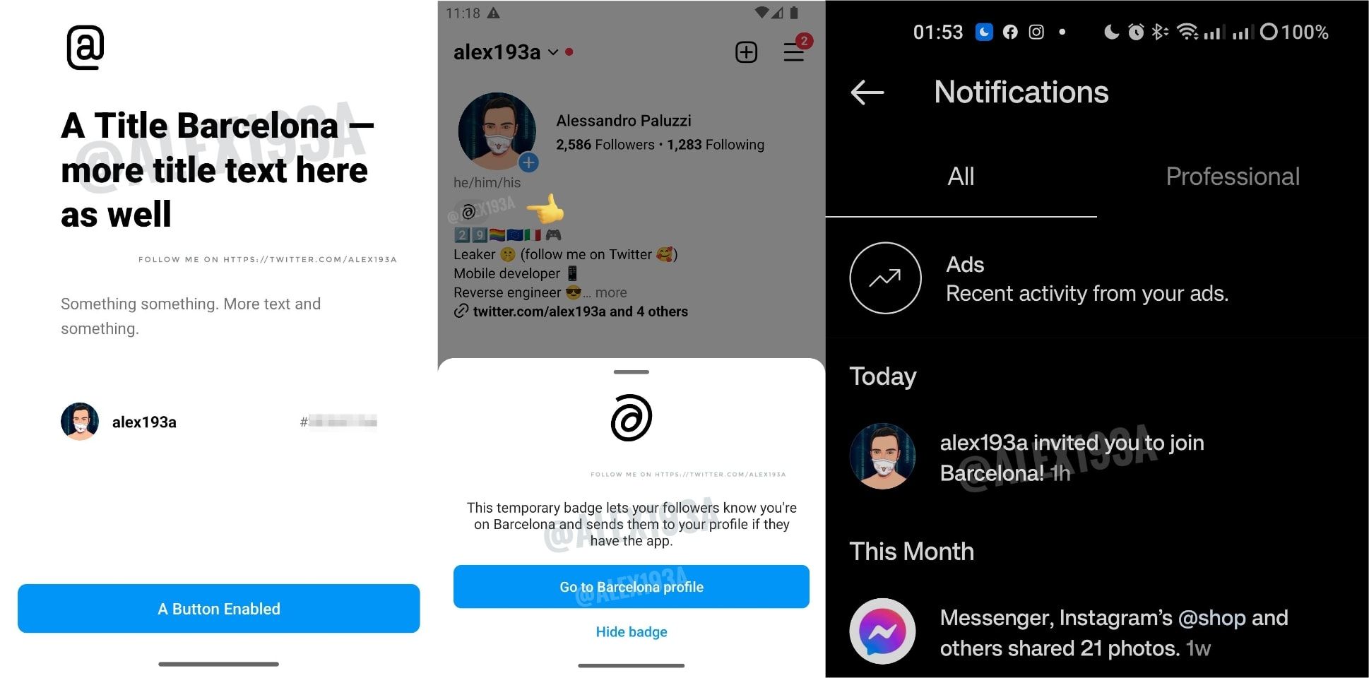 Três telas do Instagram, mostrando detalhes da rede Barcelona, do usuário @alex193a.