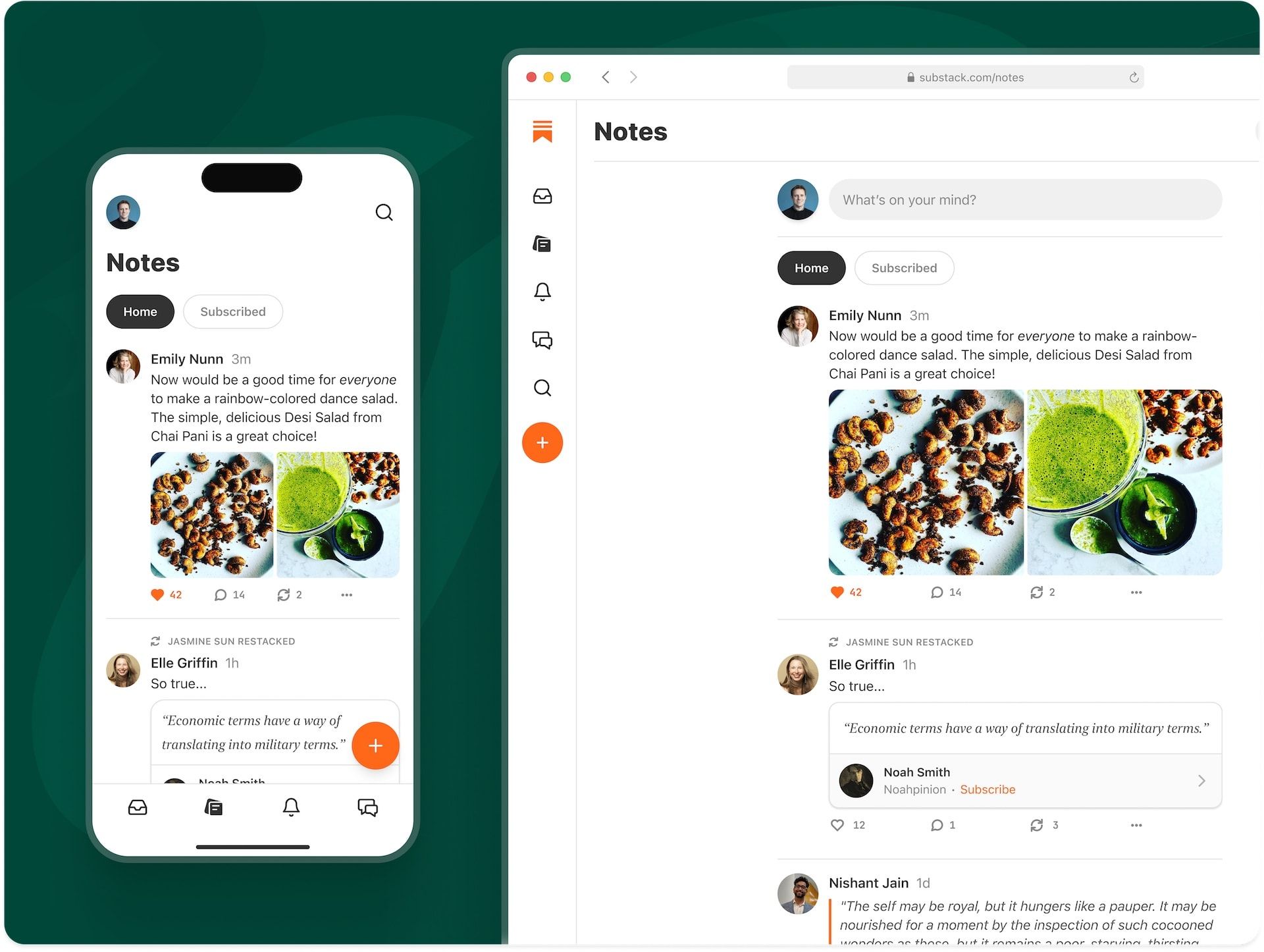 Dois prints da timeline do Substack Notes, em um celular e no navegador web.