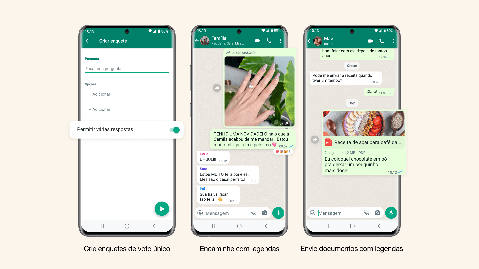 Três prints do WhatsApp mostrando novidades em enquetes e legendas em arquivos.