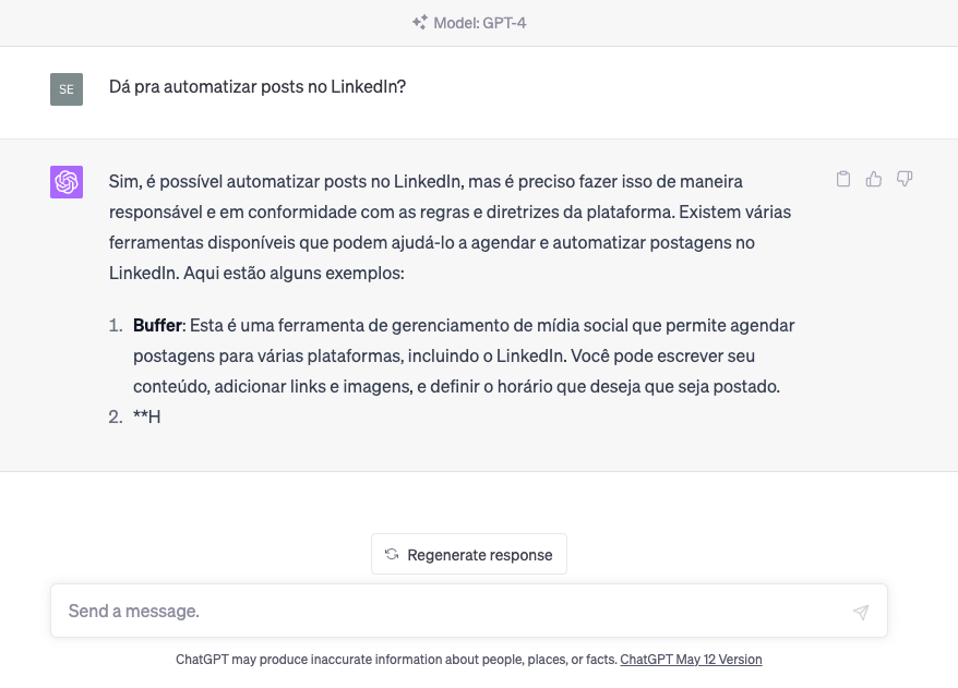 Print de tela do ChatGPT que mostra botão "regenerate response"