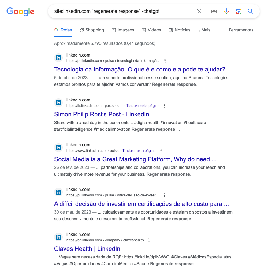 Print de tela de resultado de busca do Google que mostra posts no LinkedIn com a frase "regenerate response"