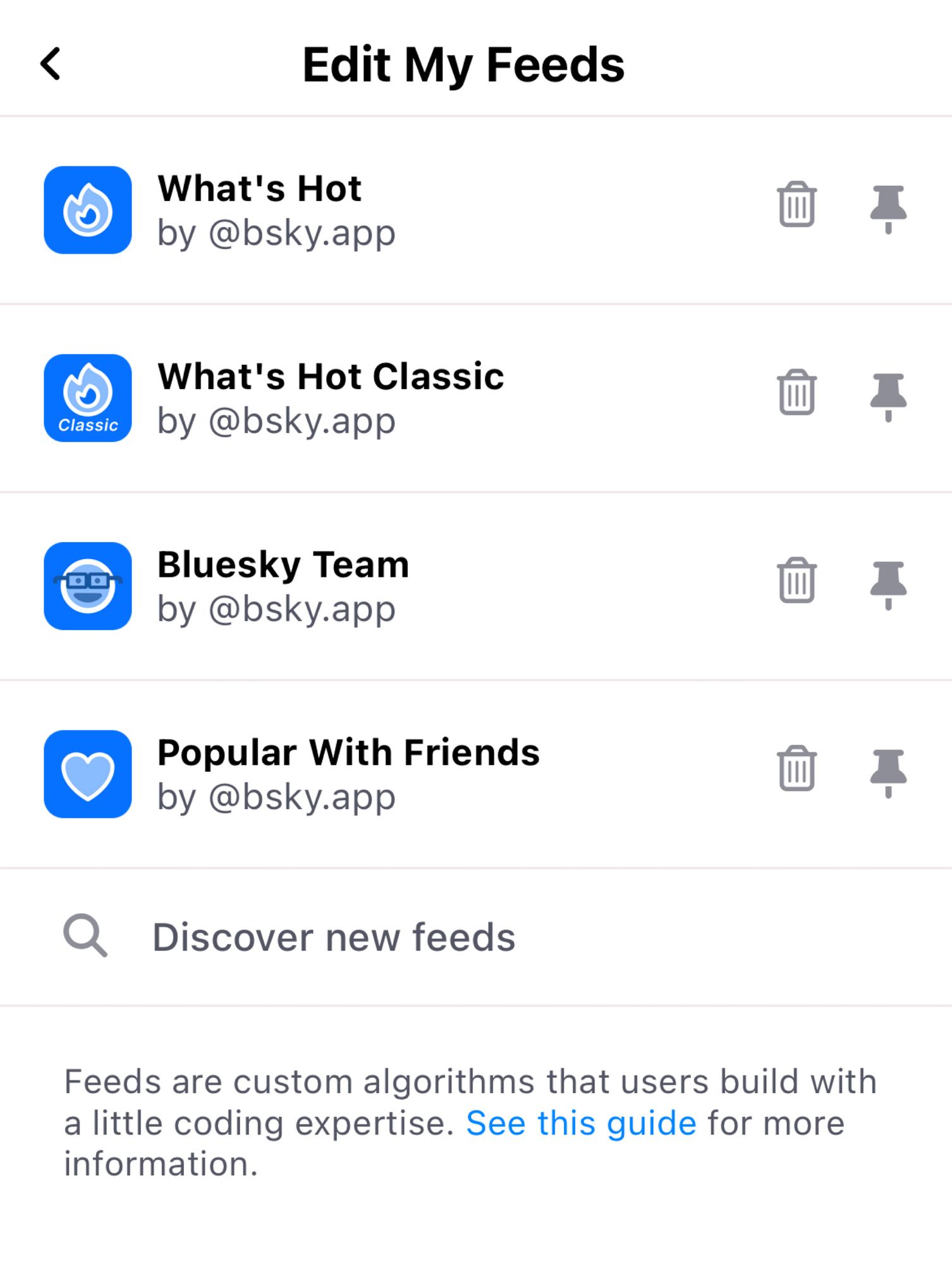 Lista de alguns feeds personalizados em uma tela de edição de feeds.