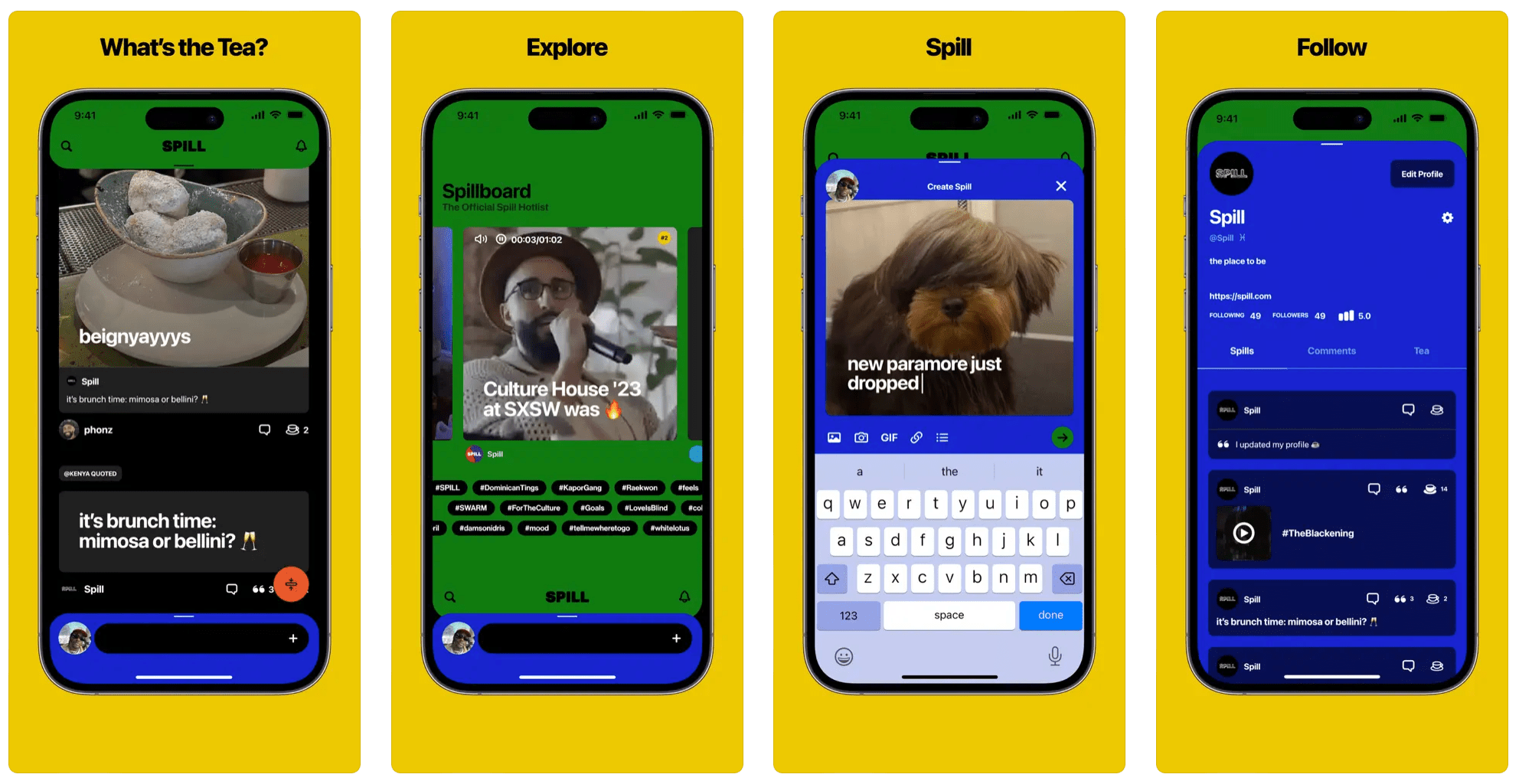 Quatro prints do aplicativo Spill para iOS, mostrando algumas partes da rede social.