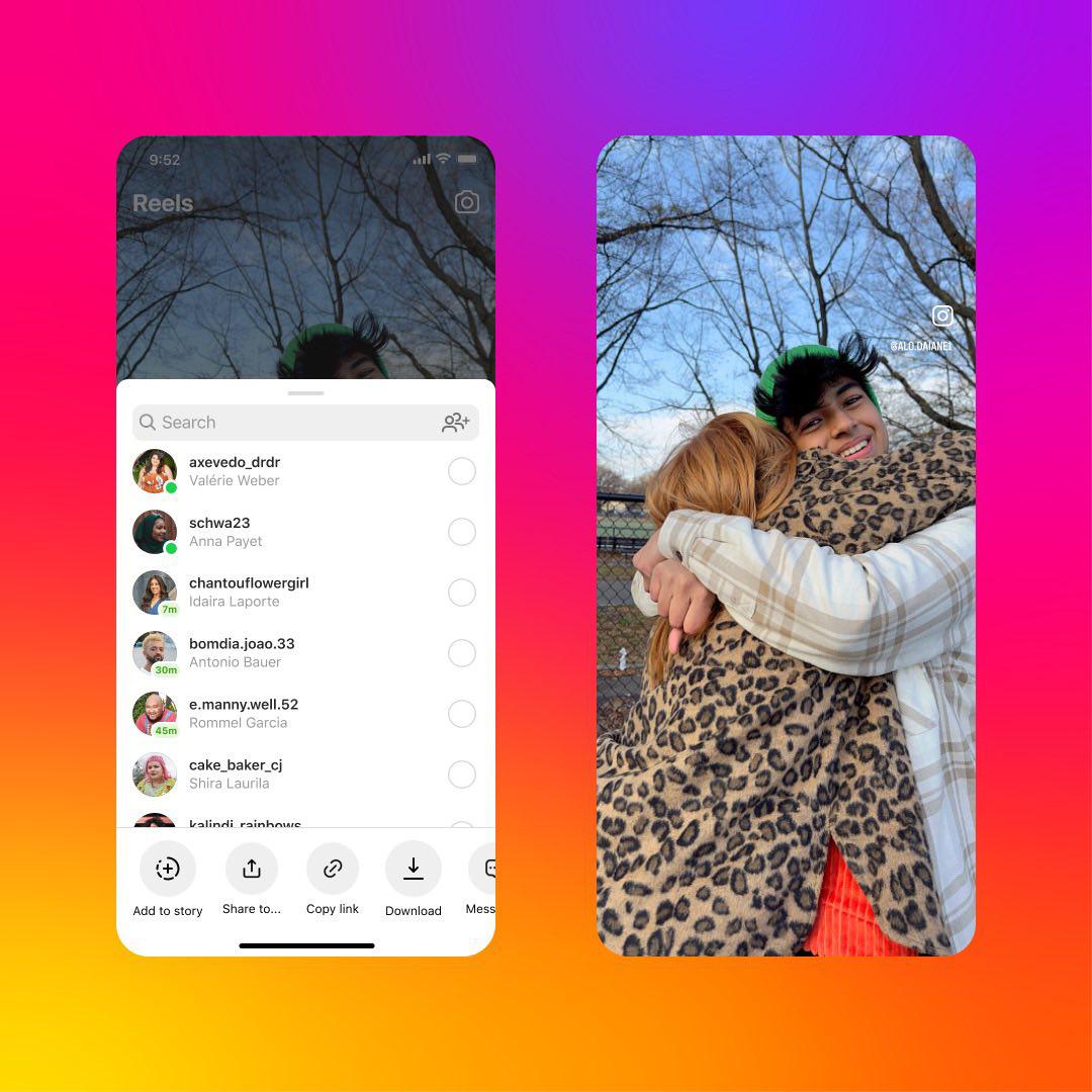 Dois prints do Instagram mostrando como baixar reels e a marca d'água que aparece em reels baixados.