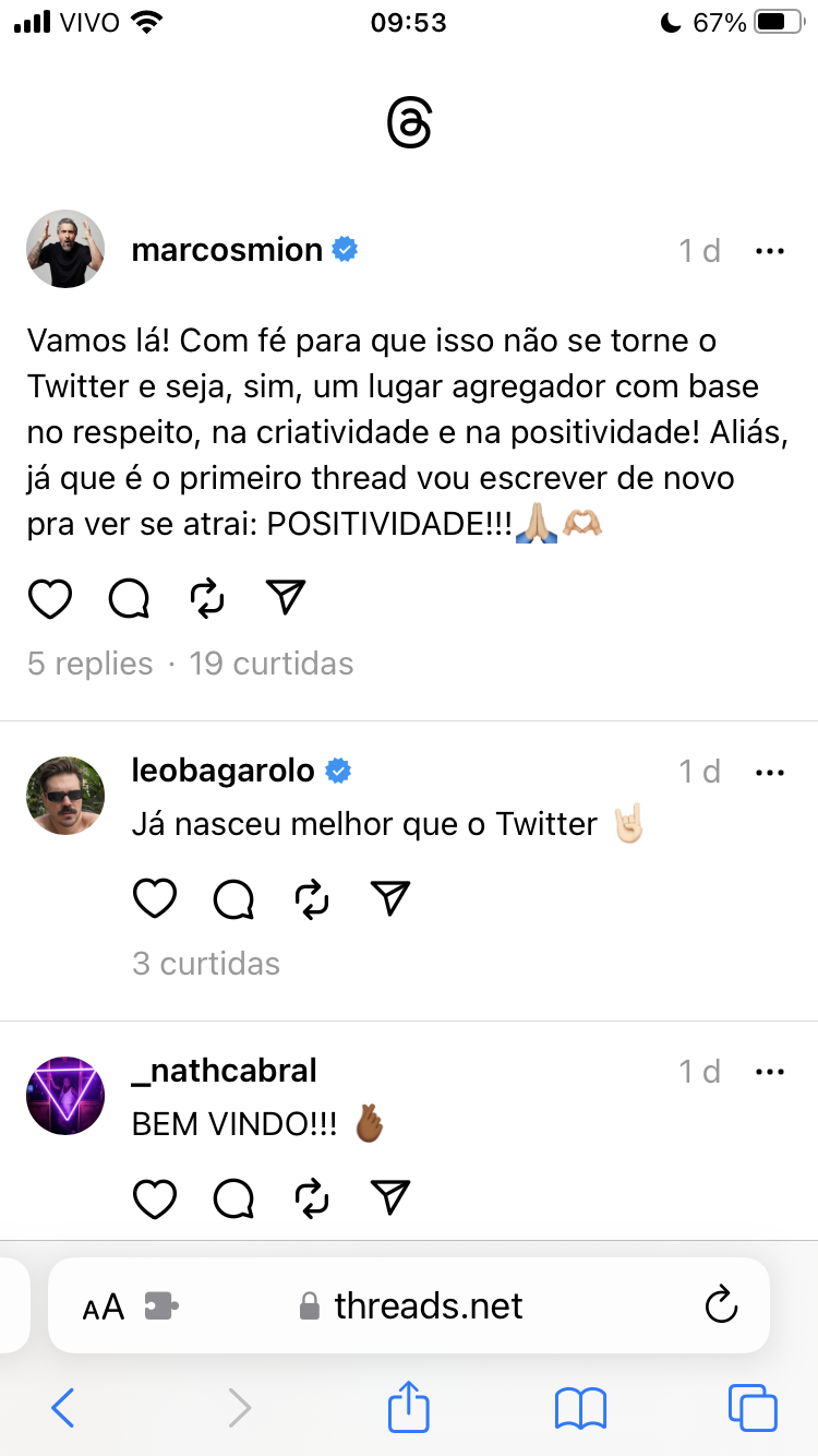 Post de Marcos Mion no Threads: “Vamos lá! Com fé para que isso não se torne o Twitter e seja, sim, um lugar agregador com base no respeito, na criatividade e na positividade! Aliás, já que é o primeiro thread vou escrever de novo pra ver se atrai: POSITIVIDADE!!!”