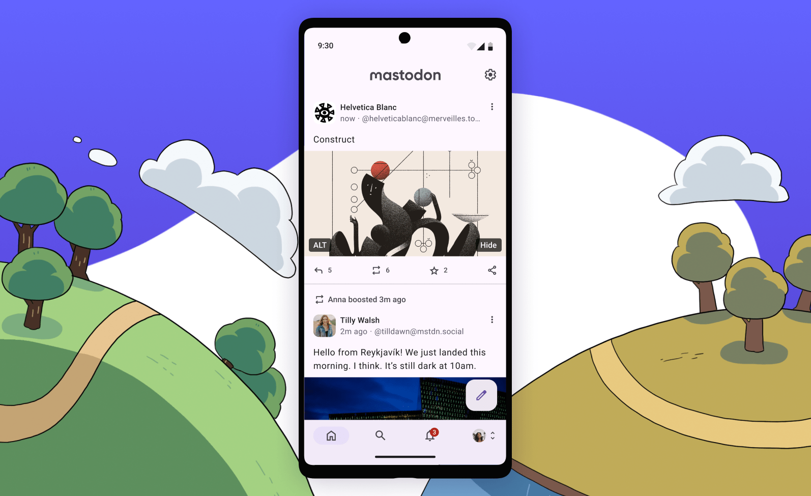 Print do novo app do Mastodon para Android. Ao fundo, ilustração de montanhas, árvores e céu.
