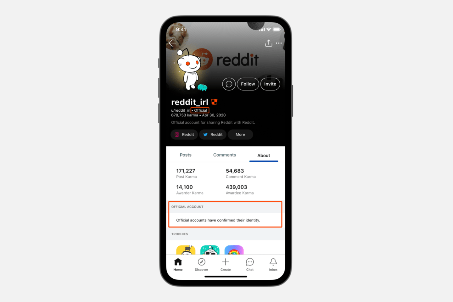 Print do perfil u/reddit_irl mostrando o selo de verificado (“Official”).