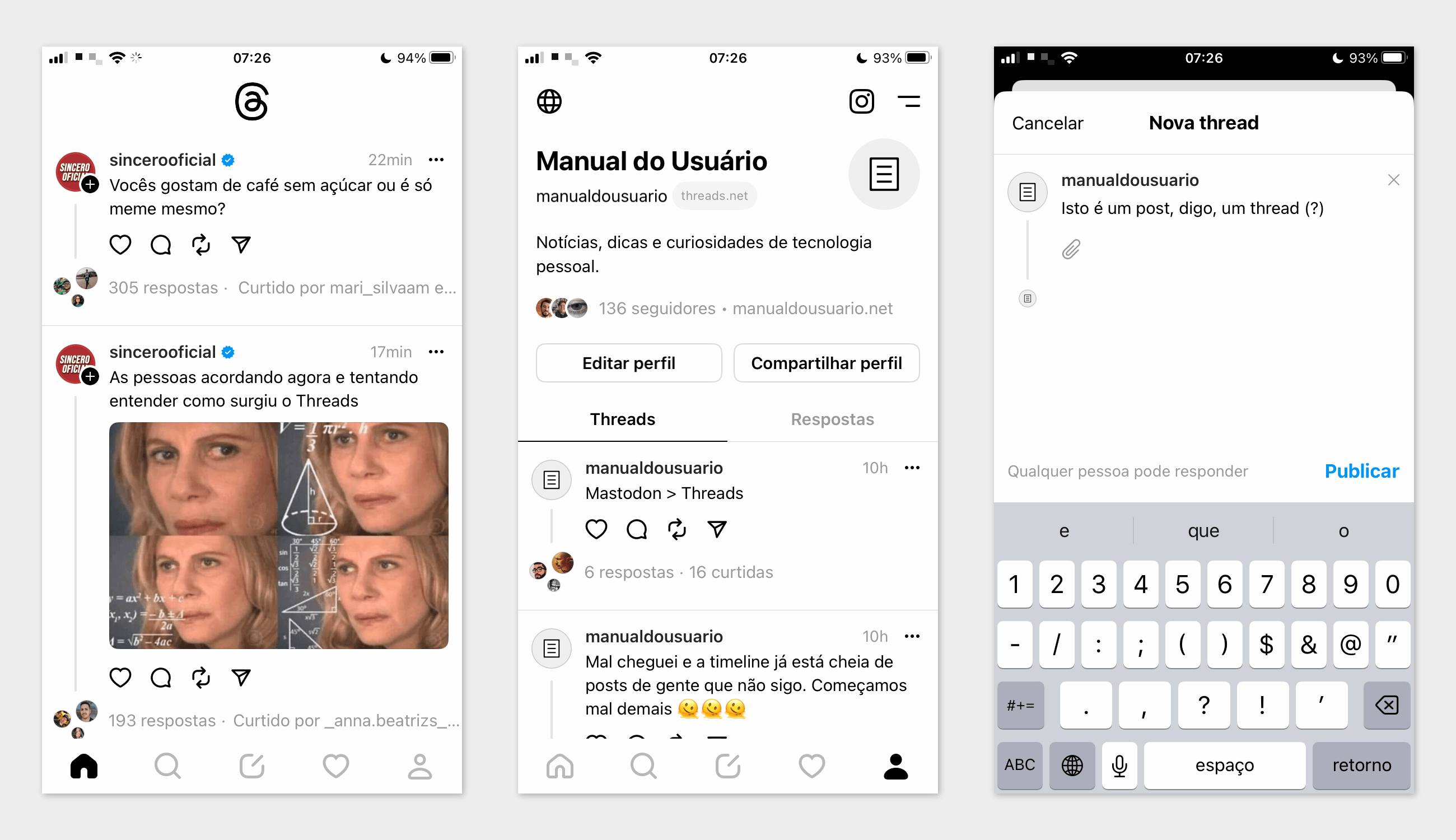 Três prints do Threads para iOS, mostrando a timeline, um perfil e o editor de posts.