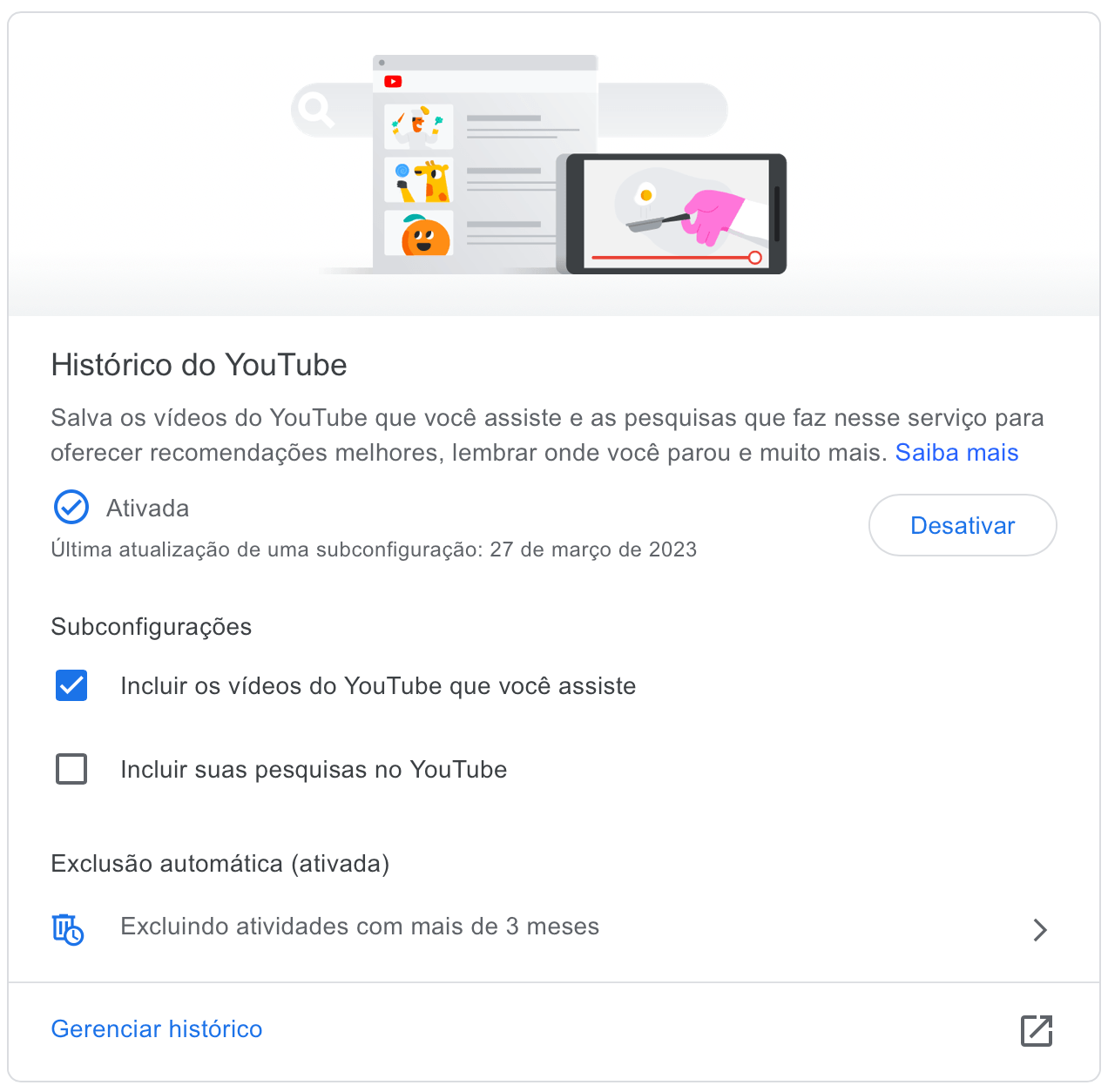 Print da tela do Histórico do YouTube, com a opção de desativar o histórico e excluir atividades automaticamente.
