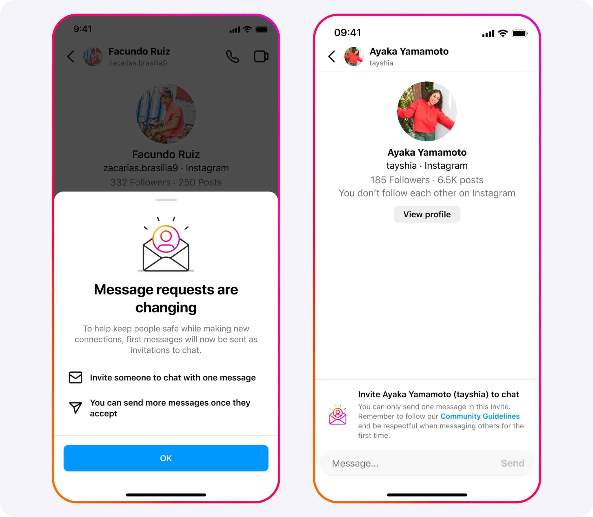 Dois prints do Instagram mostrando um alerta das mudanças nas DMs e como a tela de bate-papo aparece agora.