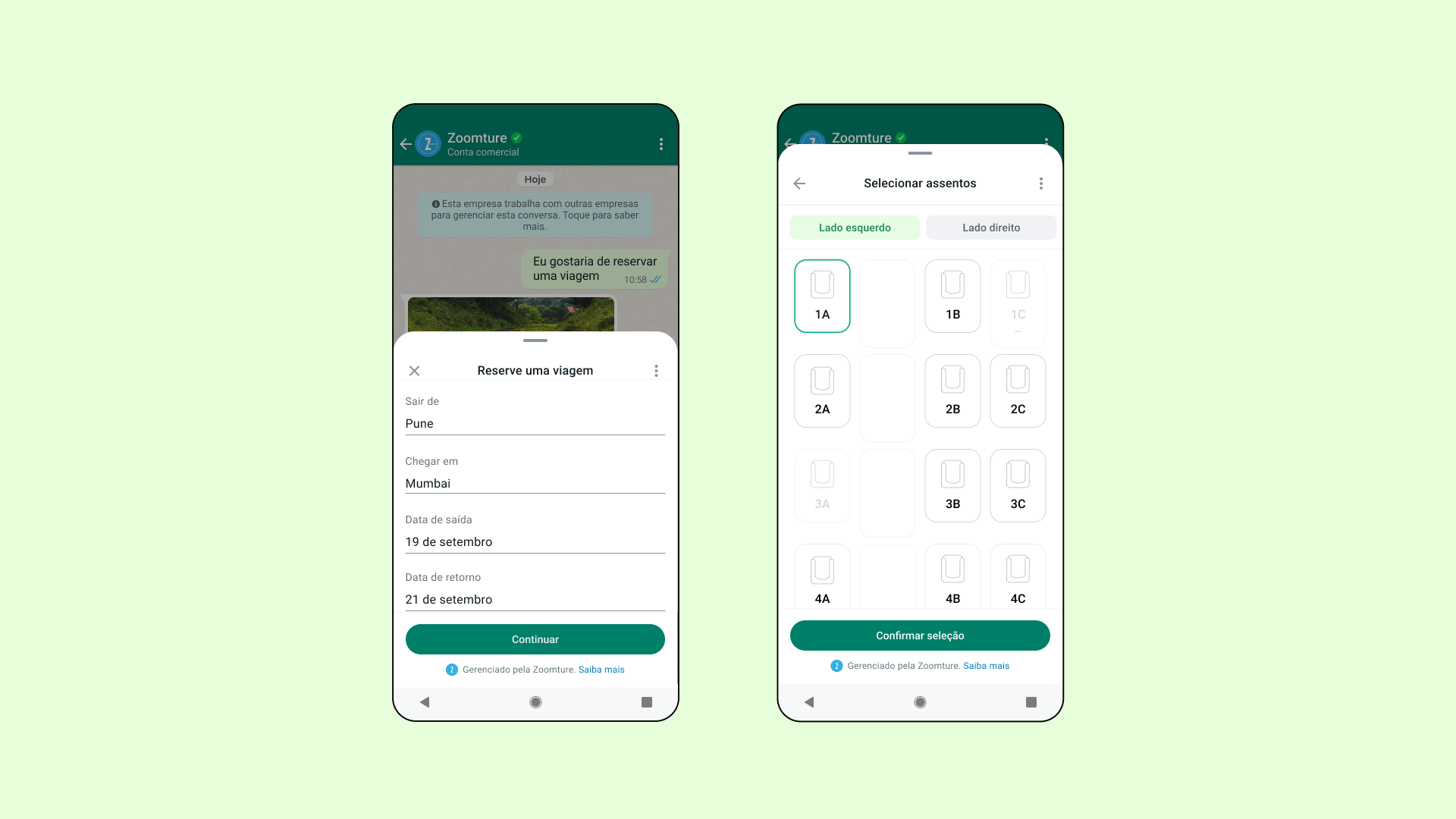 Dois prints do WhatsApp, mostrando o fluxo de compra de uma passagem de avião, incluindo escolha do assento no avião.