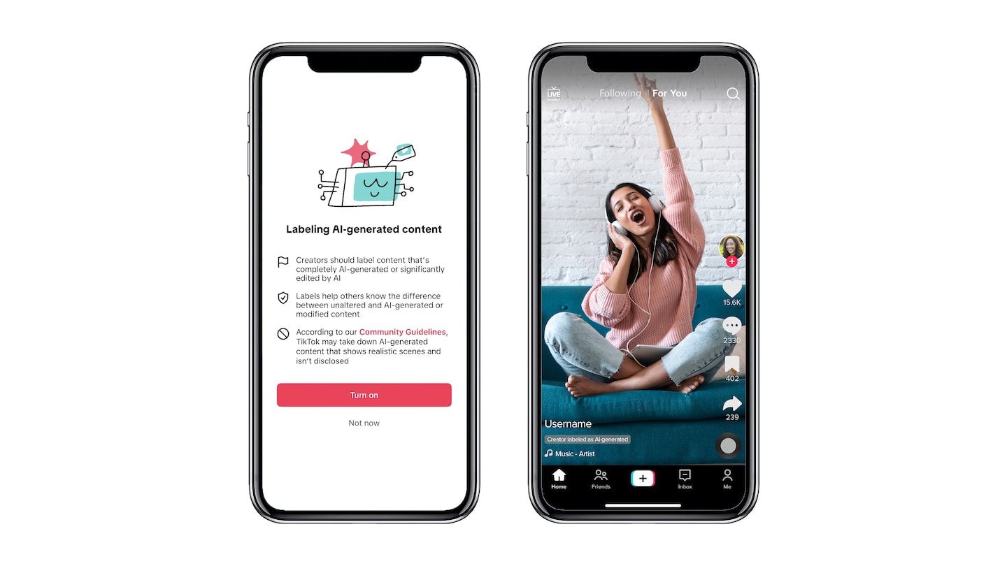 Dois prints do TikTok em um iPhone, um mostrando o aviso aos criadores, outro, um vídeo de uma mulher sentada em um sofá com o rótulo “Creator labeled as AI-generated” embaixo.