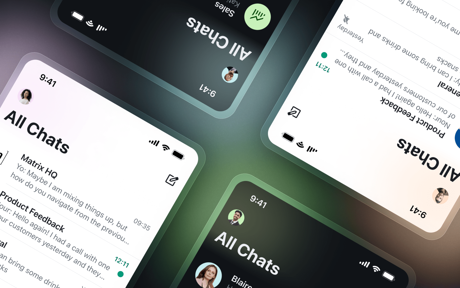 Algumas telas do Element X para iOS, nos modos claro e escuro, dispostas na transversal.