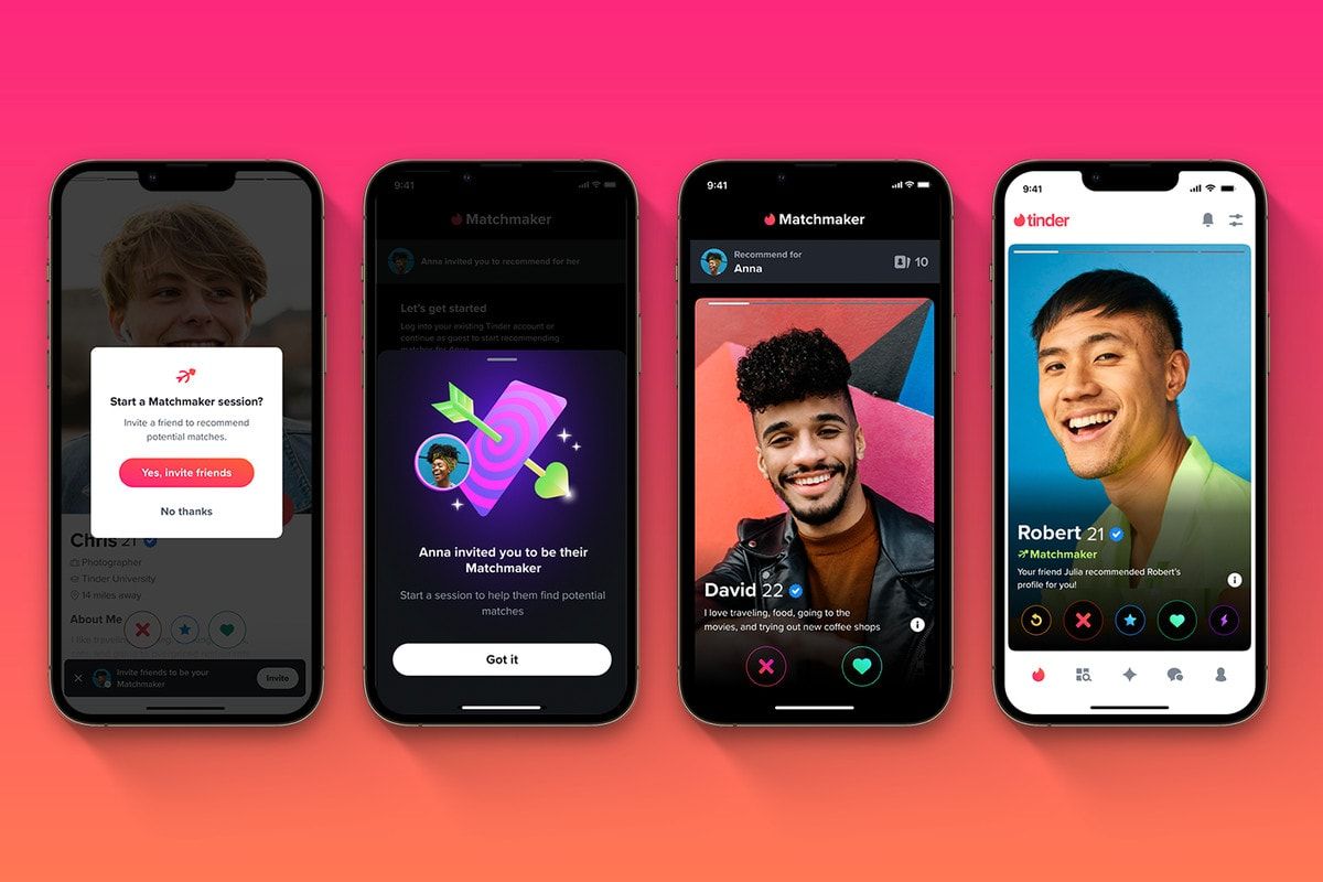 Quatro prints do Tinder mostrando o passo a passo do Tinder Matchmaker.