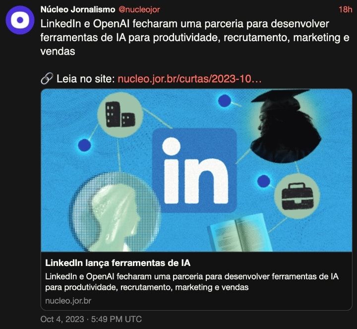 Mesmo post visualizado no Nitter. O cartão do link traz o título e uma breve descrição da página.