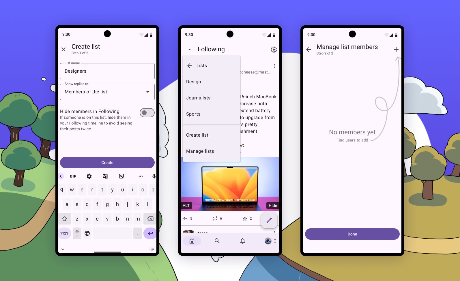 Três prints do Mastodon para Android mostrando o novo recurso de listas.
