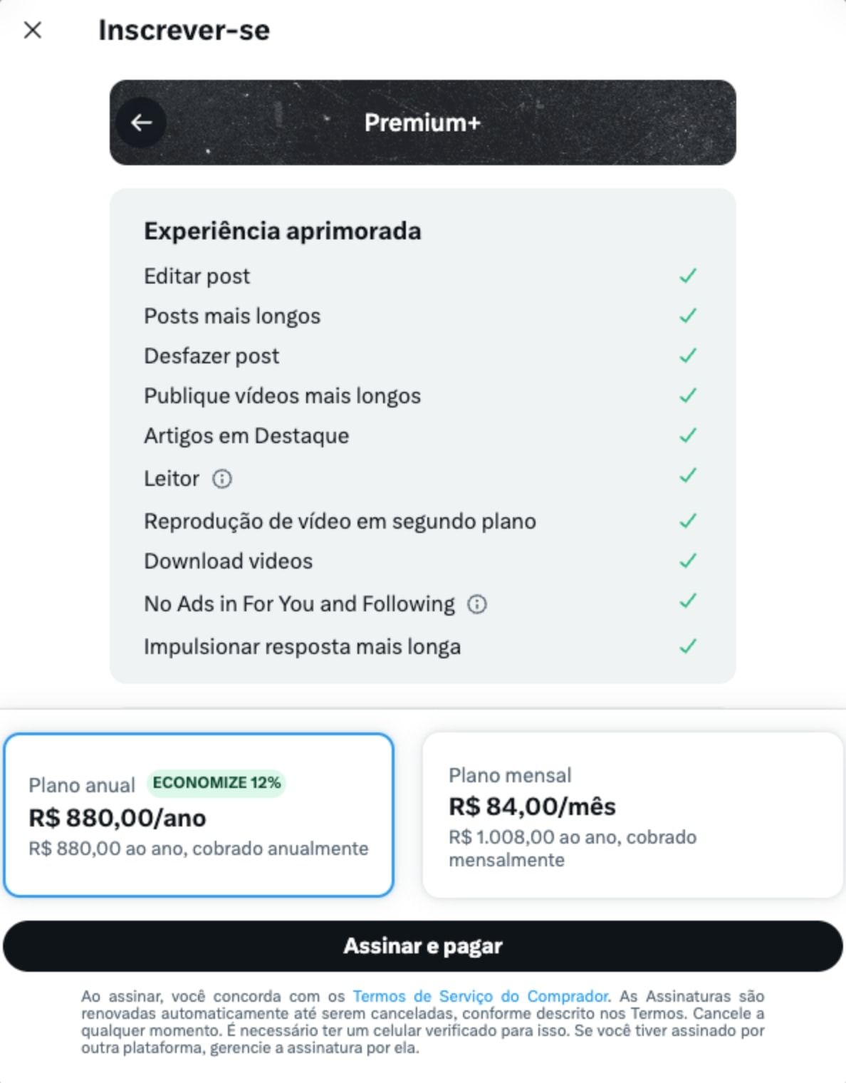 Tela de contratação do plano Premium+ do X, com benefícios e preços.