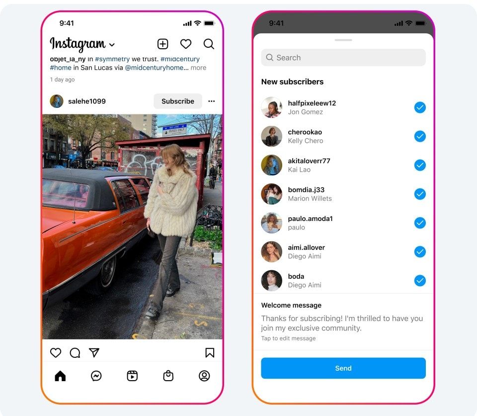 Dois prints do Instagram mostrando as novas ferramentas de divulgação da assinatura de criadores.