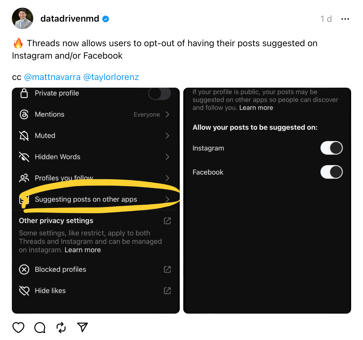 Print de um post no Threads, em inglês, mostrando dois prints da nova configuração de privacidade.