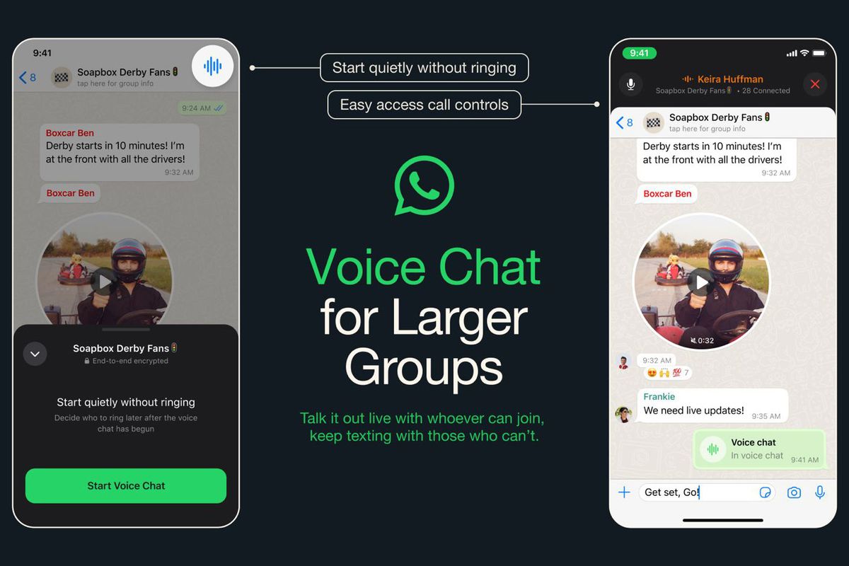Dois prints, em inglês, mostrando como funcionam as conversas por voz para grupos grandes.