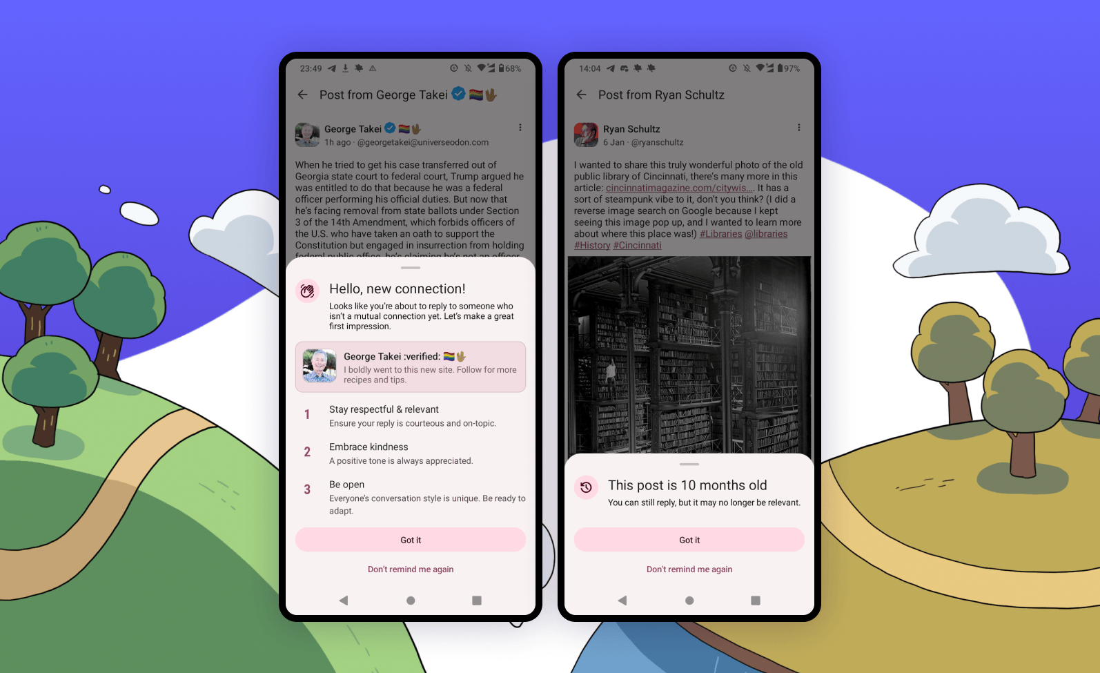Dois prints do Mastodon, em inglês, mostrando os novos recursos anunciados.