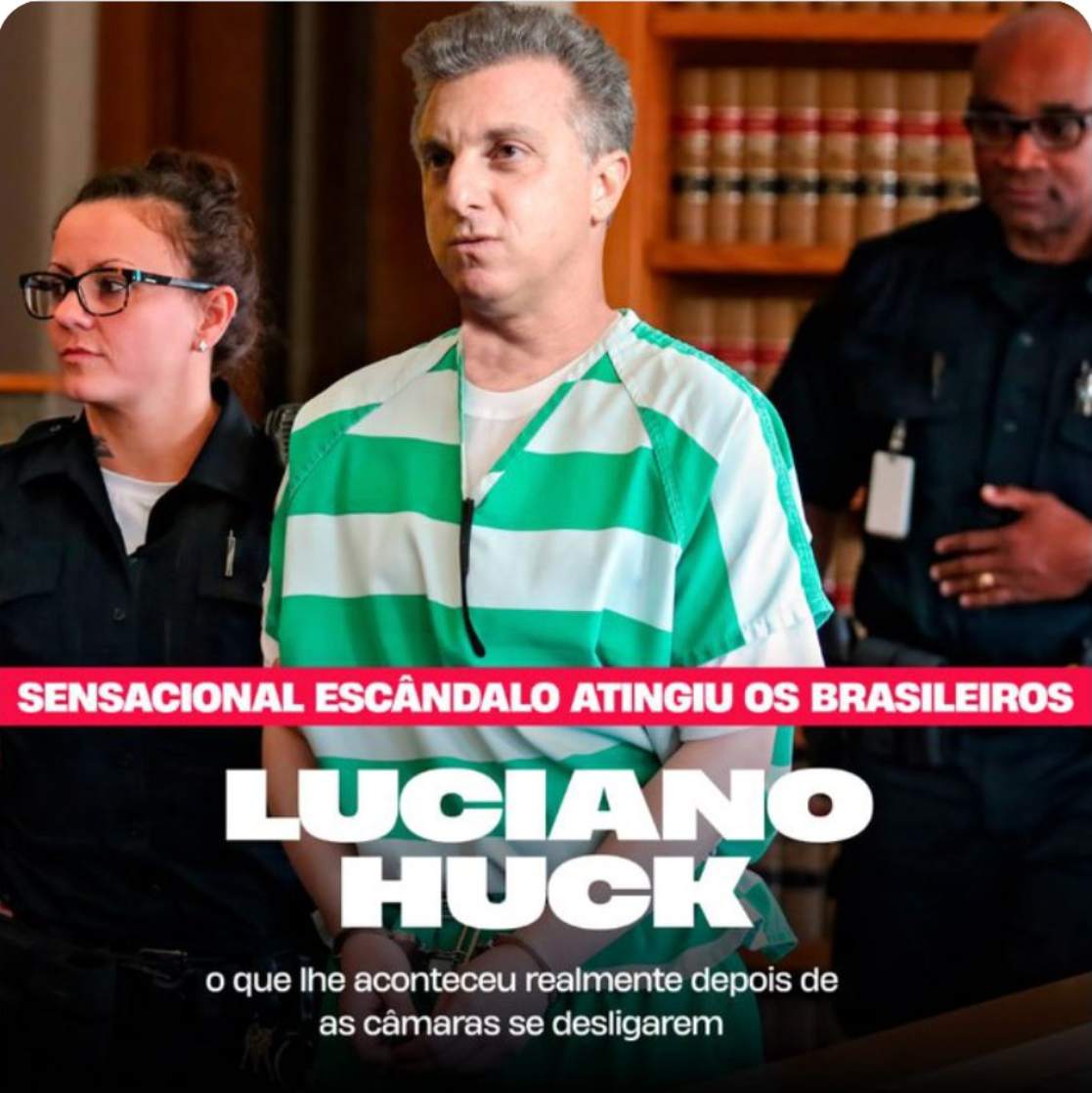 Luciano Huck com roupa de presidiário, entre dois policiais. Na mensagem, “O que lhe aconteceu realmente depois de as câmaras se desligarem”.