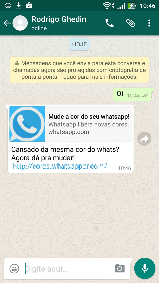 Print do WhatsApp para Android, antigo, com uma mensagem oferecendo a troca de cor do WhatsApp.