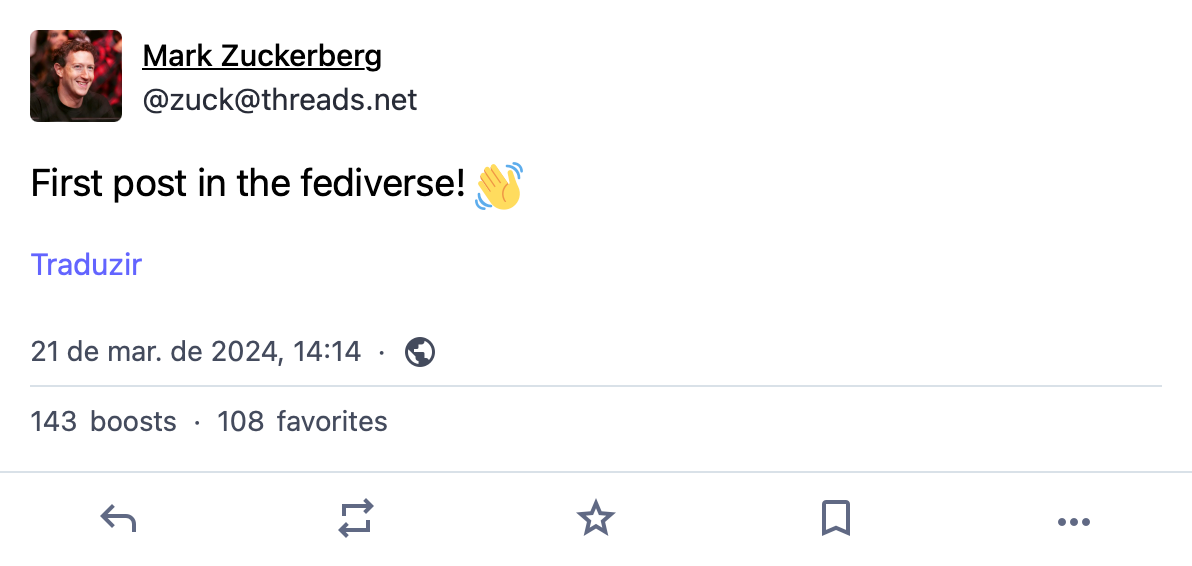 Print de um post do Zuckerberg feito no Threads, via Mastodon: “First post in the fediverse! 👋”