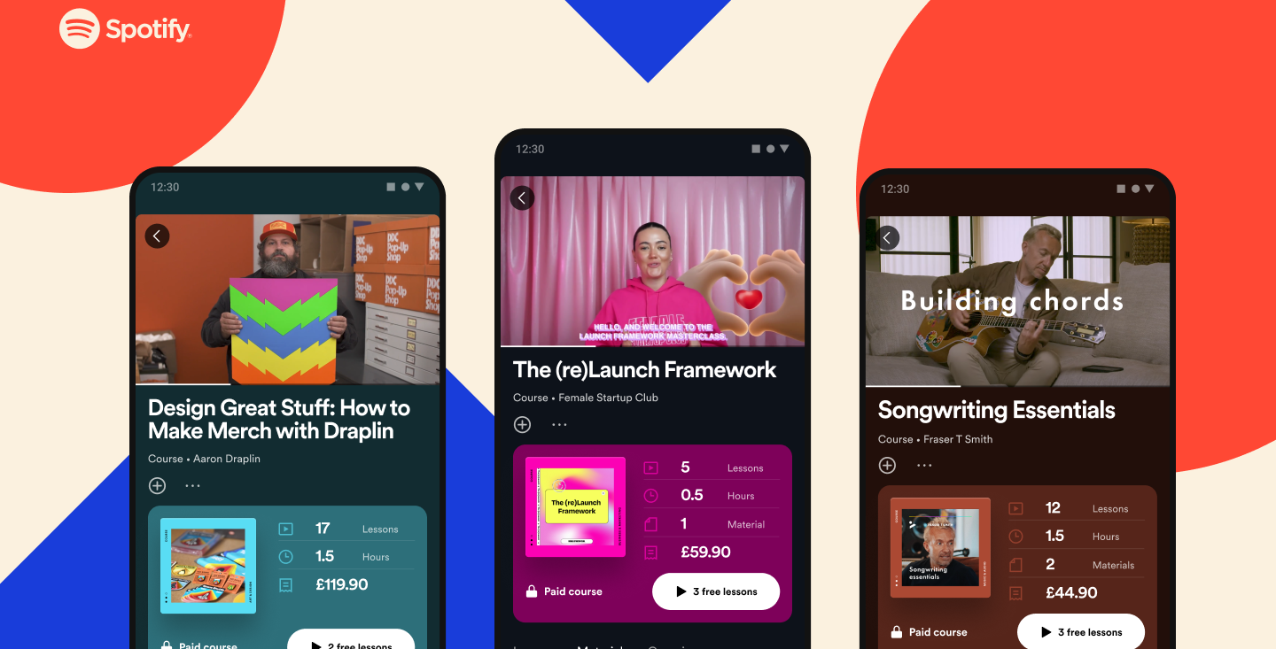 Três prints de cursos em vídeo do Spotify no Reino Unido.