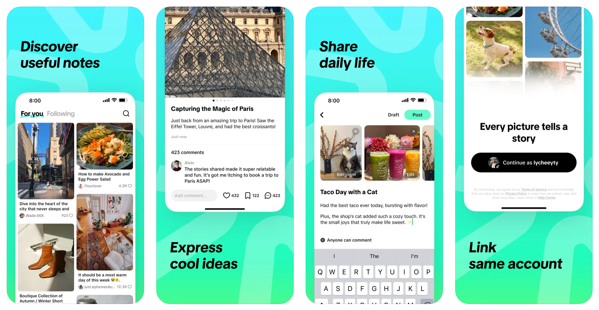 Quatro prints do TikTok Notes para iOS, da App Store.