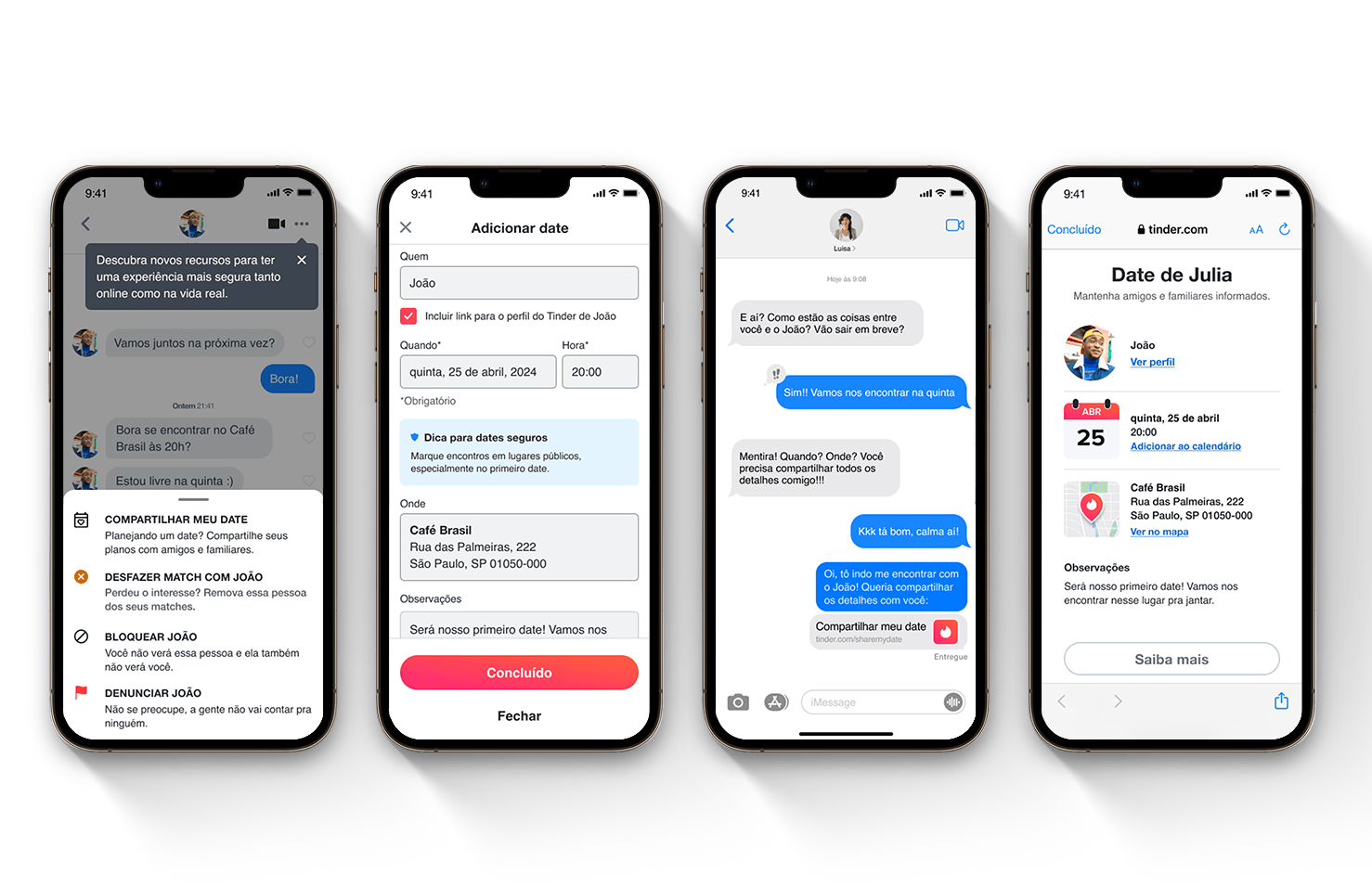 Quatro prints do “Compartilhar Meu Date”, do Tinder, em um iPhone.
