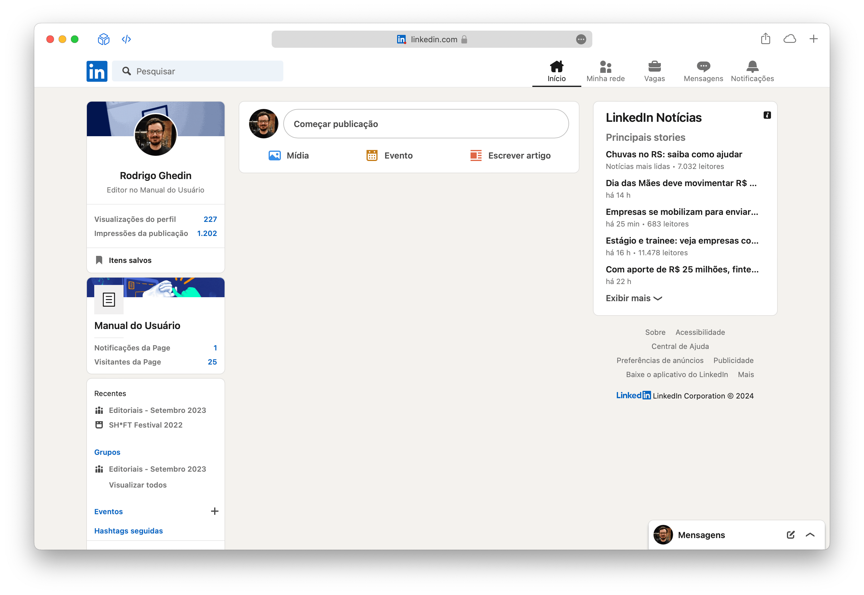 Print da página inicial do LinkedIn com o feed ausente.