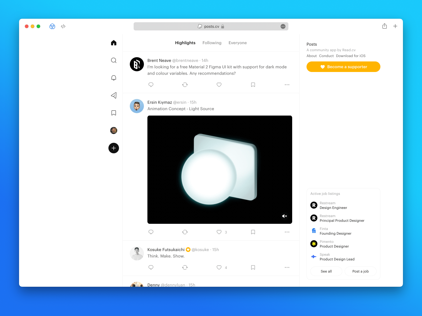 Print do feed do Posts.cv numa janela do Safari do macOS.